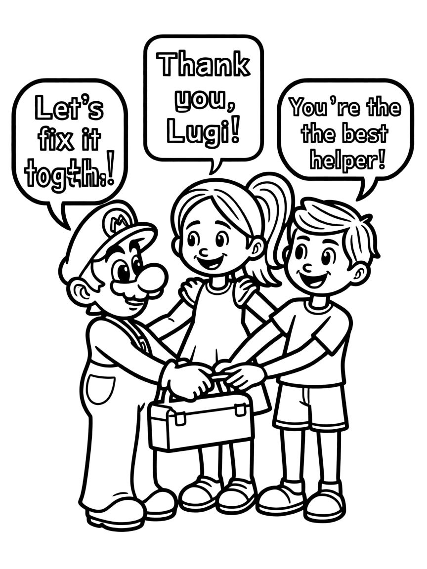A cartoon-style drawing of Luigi helping friends, with speech bubbles and cheerful faces.