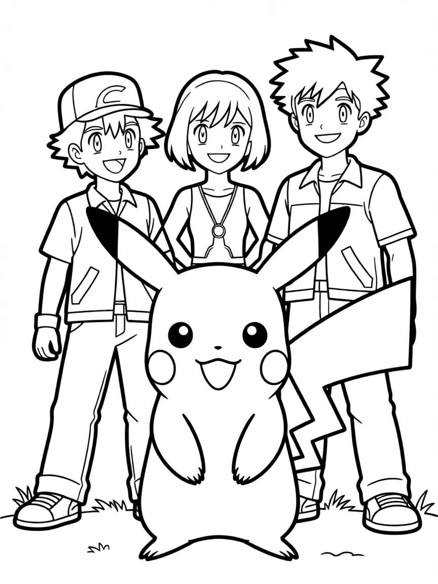 A group coloring page featuring Pikachu with other characters from the same show or movie.