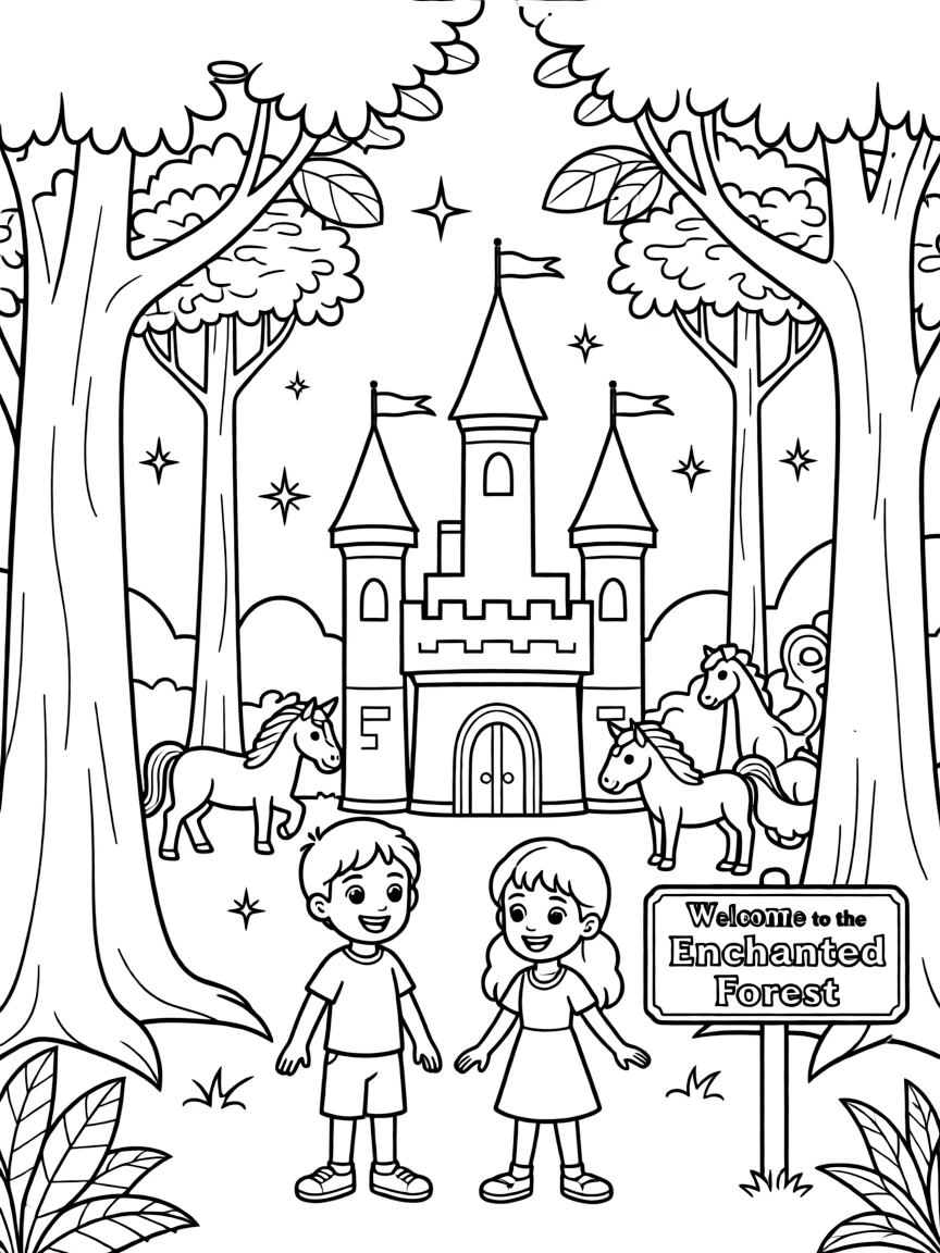 A fantasy background of Toy Story in a magical forest or castle, with sparkles and mystical creatures.