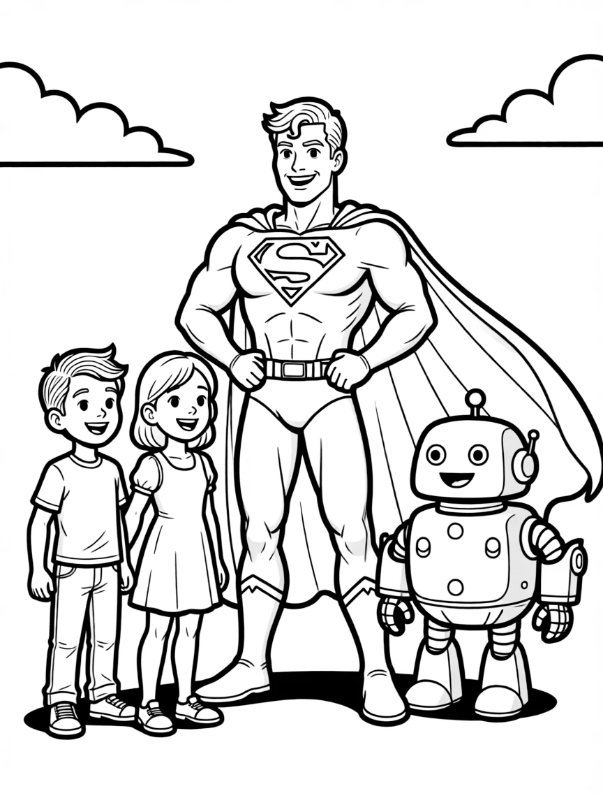 A group coloring page featuring Superman with other characters from the same show or movie.