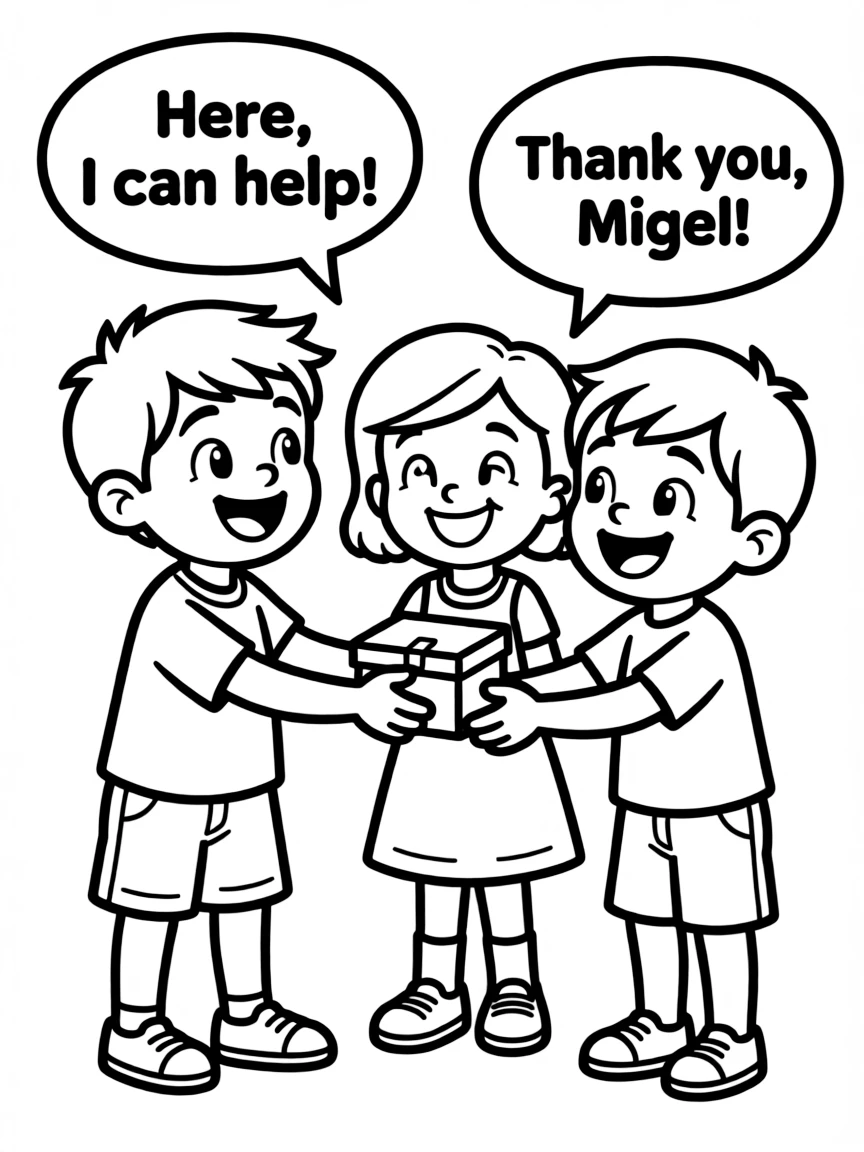 A cartoon-style drawing of Miguel helping friends, with speech bubbles and cheerful faces.