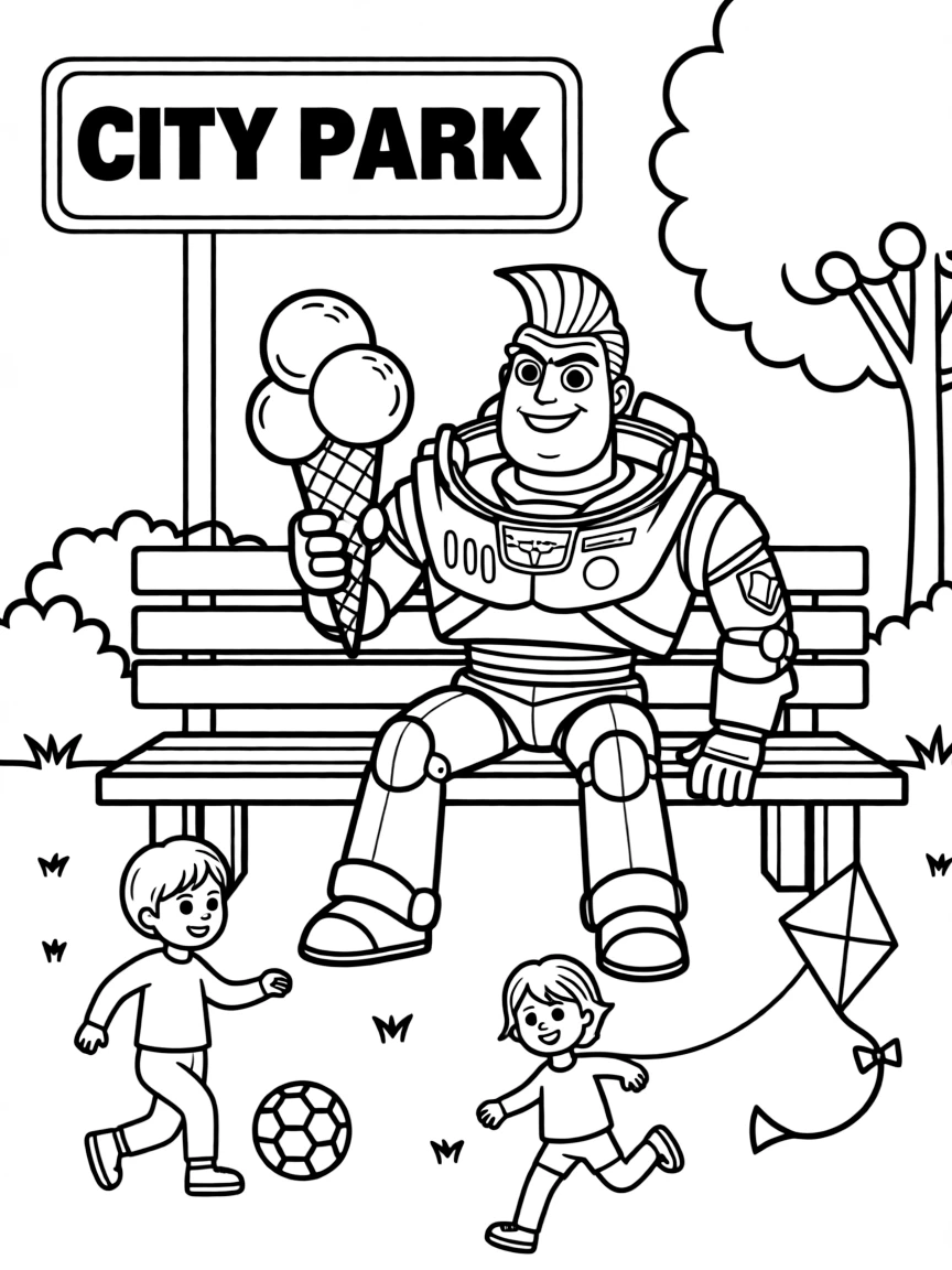 Buzz Lightyear enjoying a day off, eating ice cream or playing with friends in a park setting.