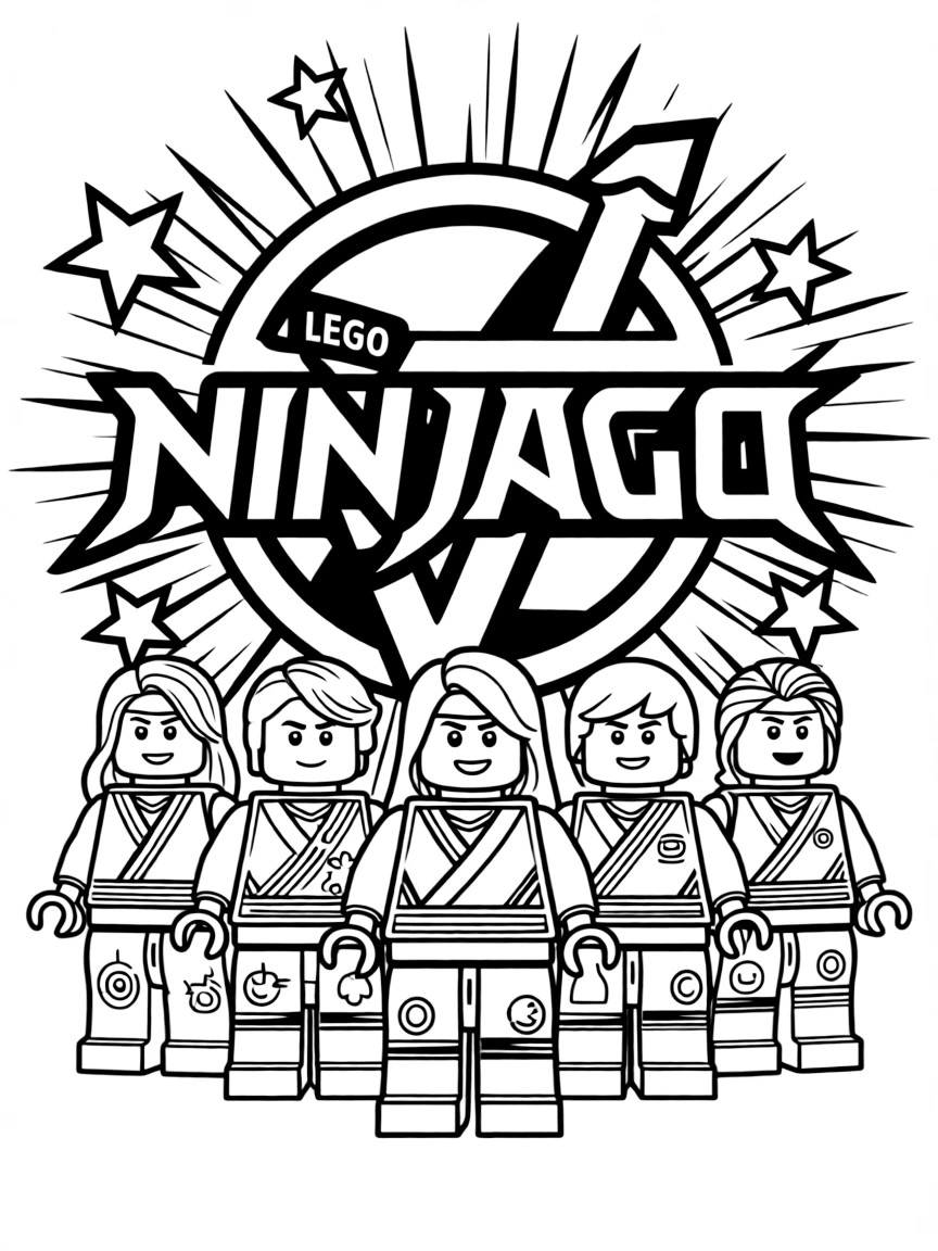 Lego Ninjago standing proudly in front of their iconic logo with stars and comic-style effects around.
