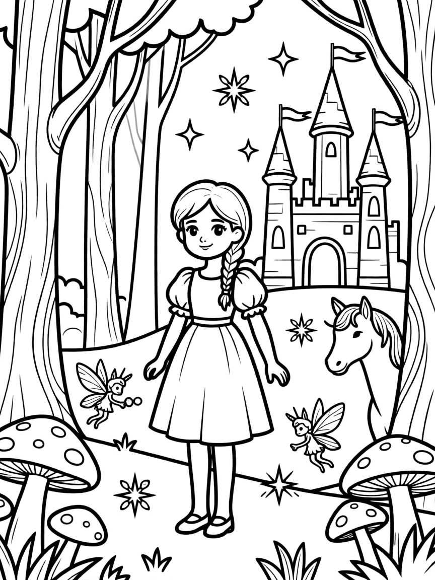 A fantasy background of Anna in a magical forest or castle, with sparkles and mystical creatures.