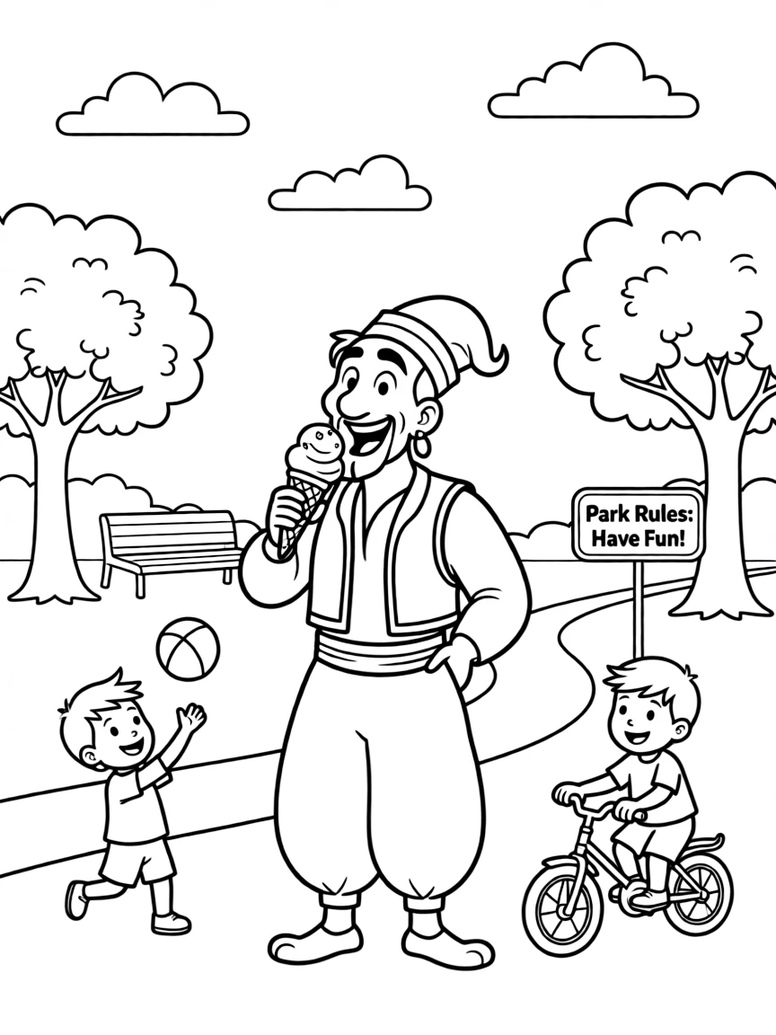 Genie enjoying a day off, eating ice cream or playing with friends in a park setting.