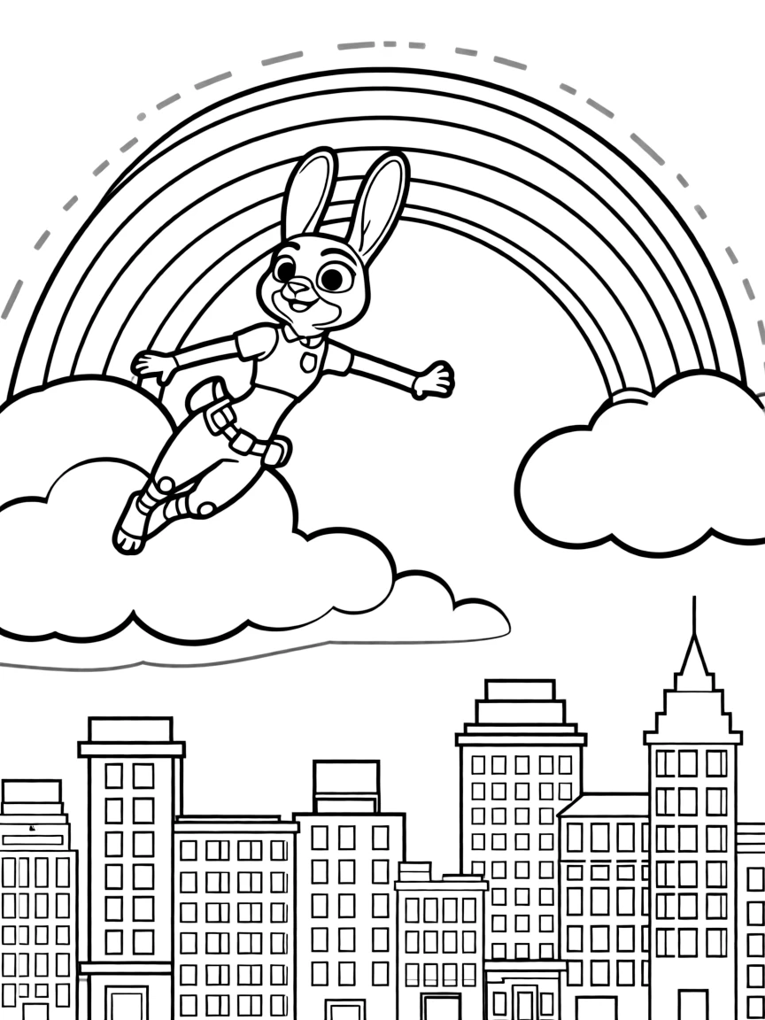 Judy Hopps flying through the clouds with a rainbow behind and city skyline below.