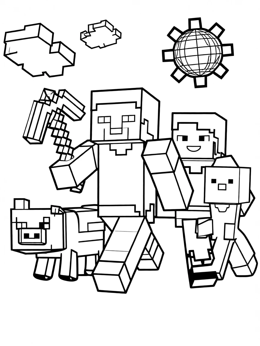A group coloring page featuring Steve with other characters from the same show or movie.