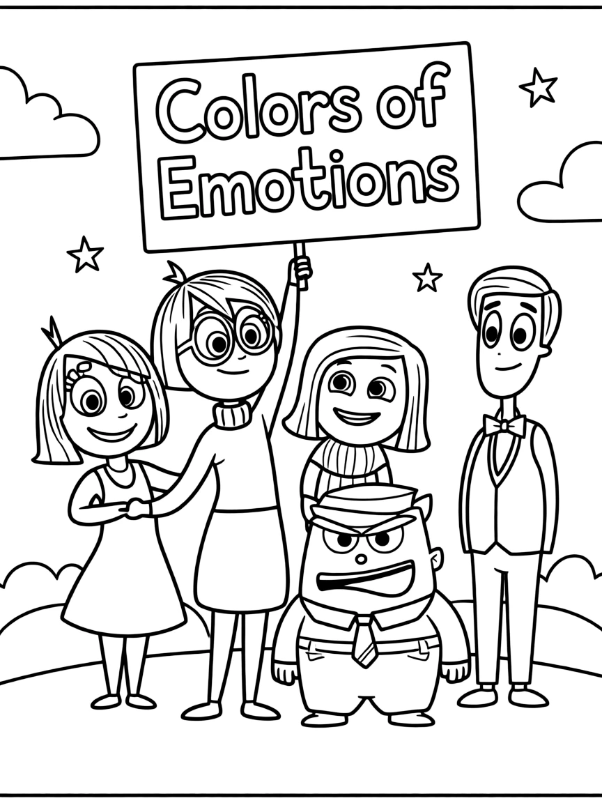 A group coloring page featuring Sadness with other characters from the same show or movie.