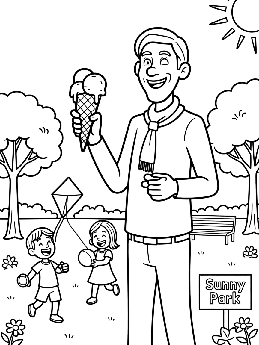 Gru enjoying a day off, eating ice cream or playing with friends in a park setting.