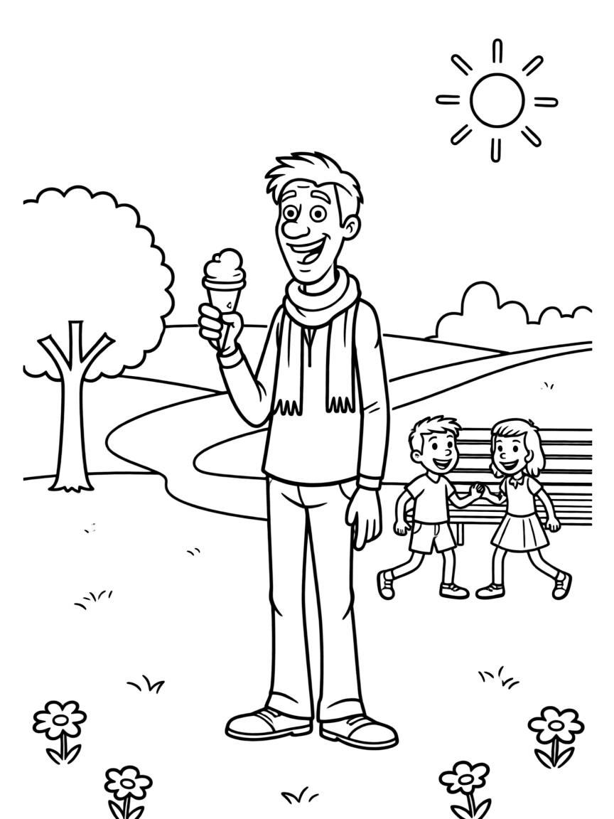 Gru enjoying a day off, eating ice cream or playing with friends in a park setting.