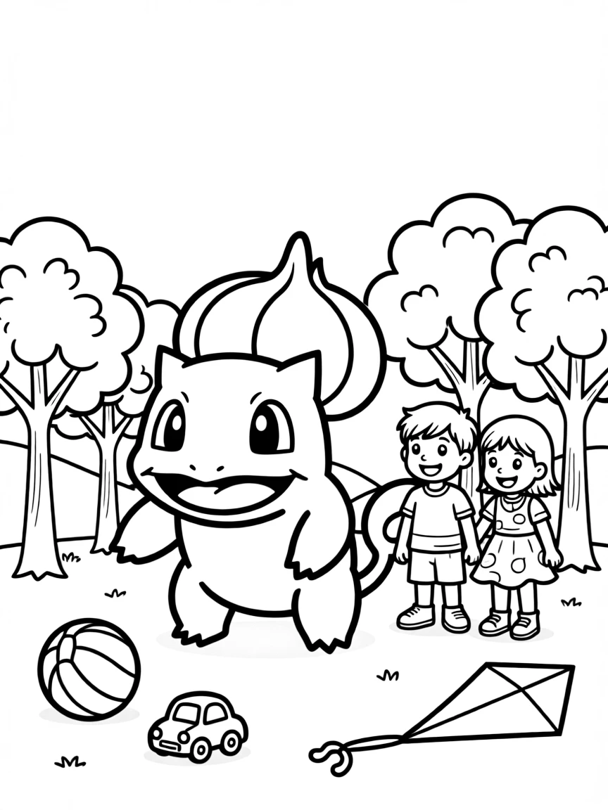 Bulbasaur smiling and posing with their sidekicks, surrounded by trees, toys, or fun backgrounds.
