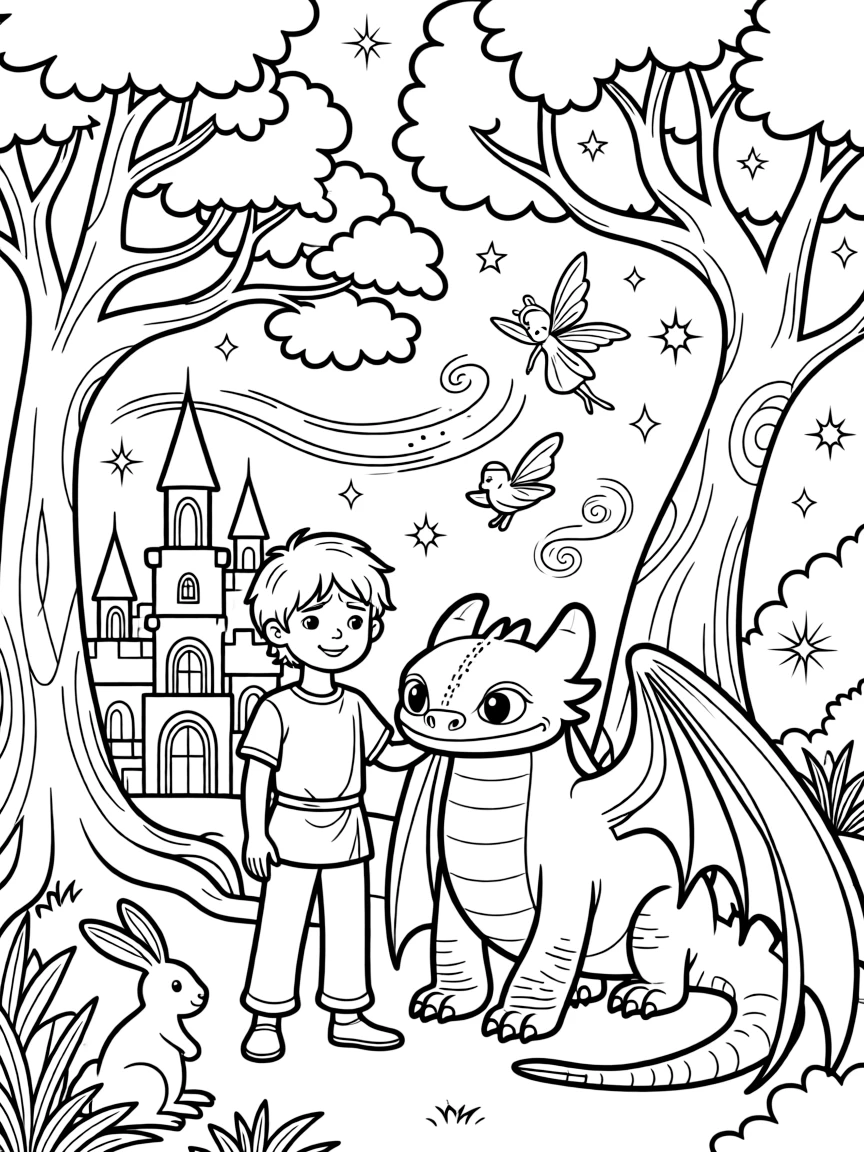 A fantasy background of How to Train Your Dragon in a magical forest or castle, with sparkles and mystical creatures.