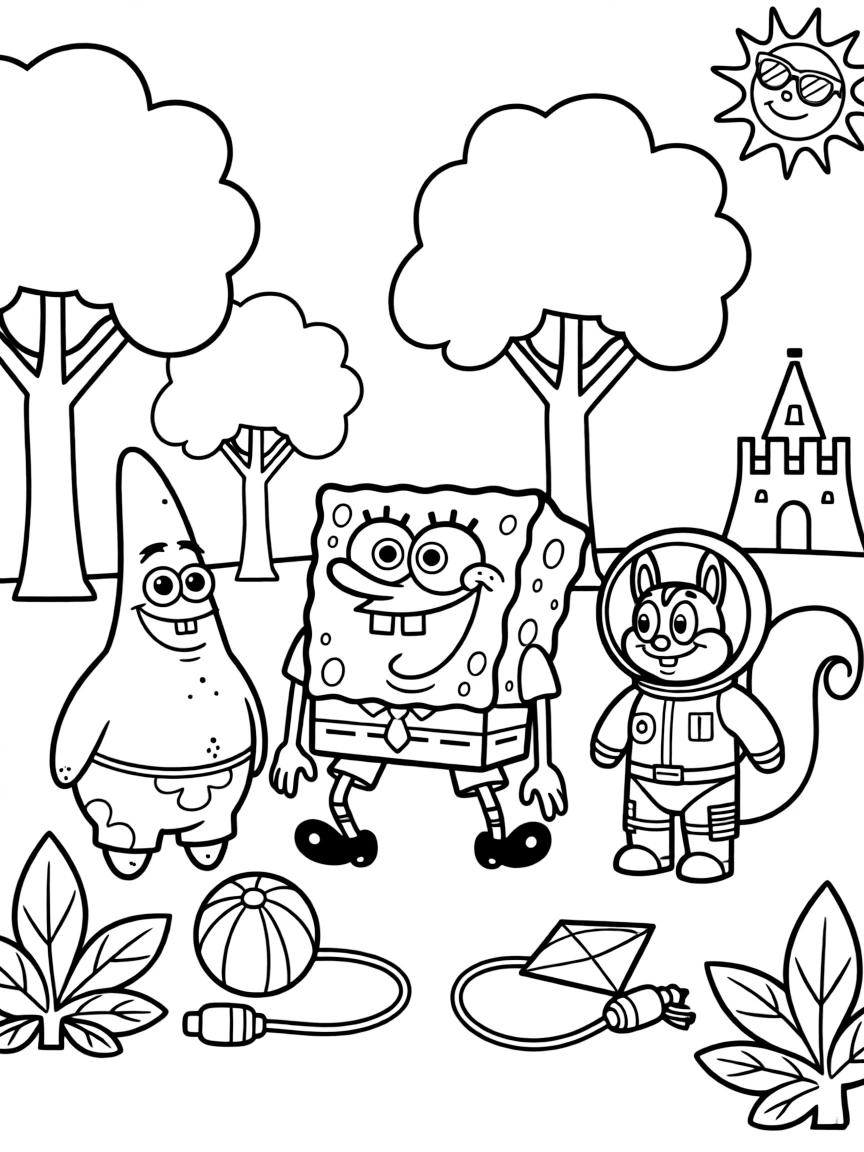 SpongeBob SquarePants smiling and posing with their sidekicks, surrounded by trees, toys, or fun backgrounds.