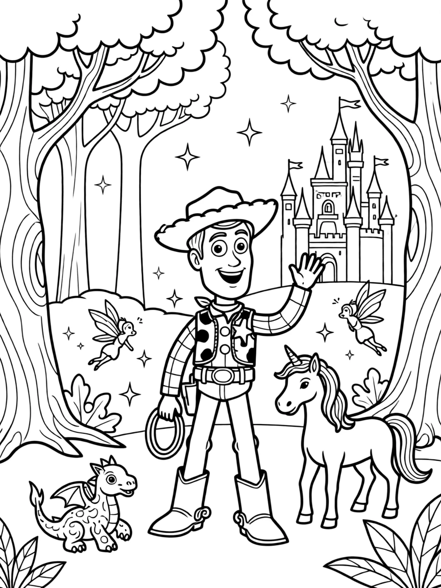 A fantasy background of Woody in a magical forest or castle, with sparkles and mystical creatures.