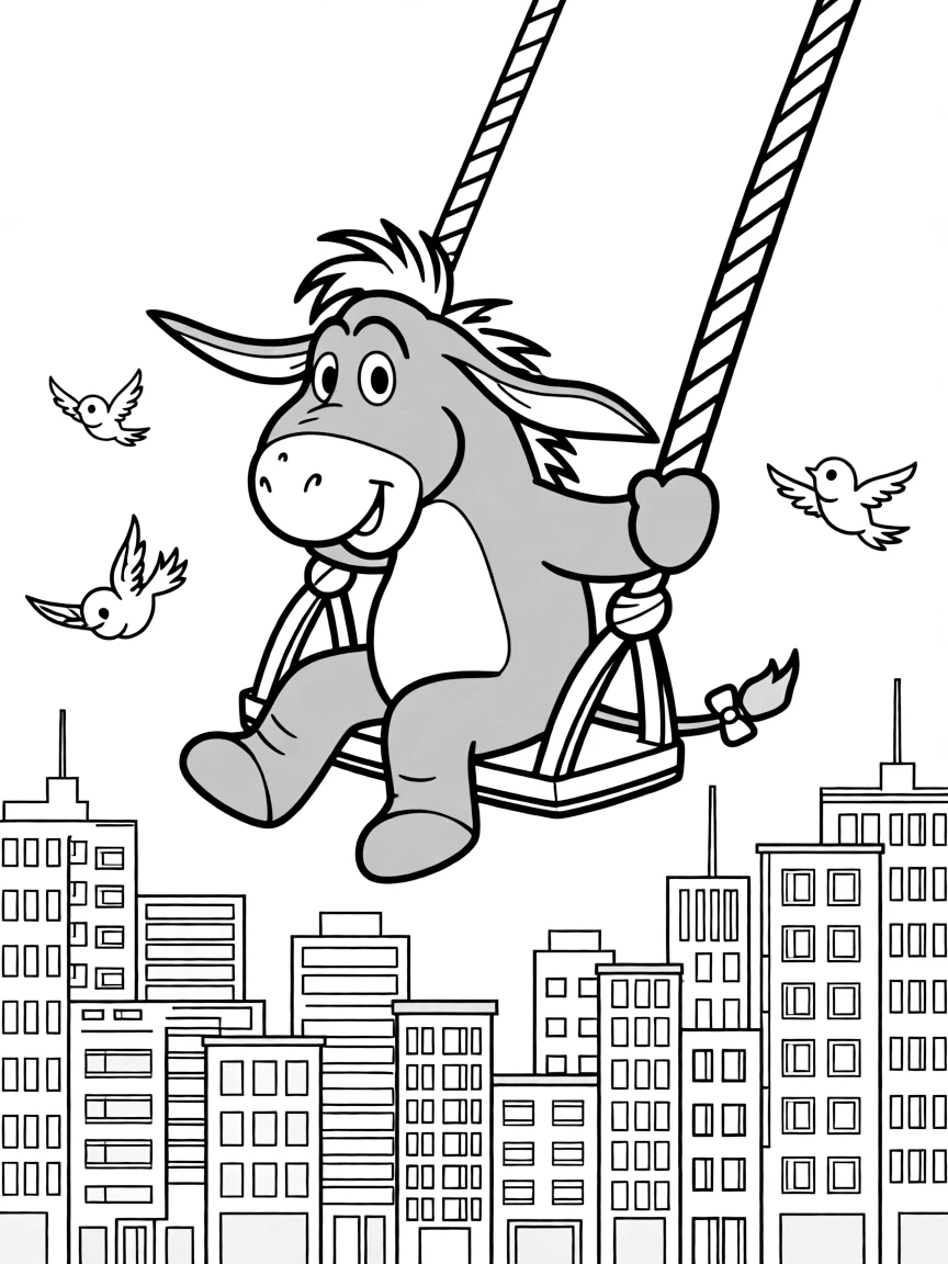 A fun and detailed coloring page of Eeyore swinging through a city full of tall buildings and birds.