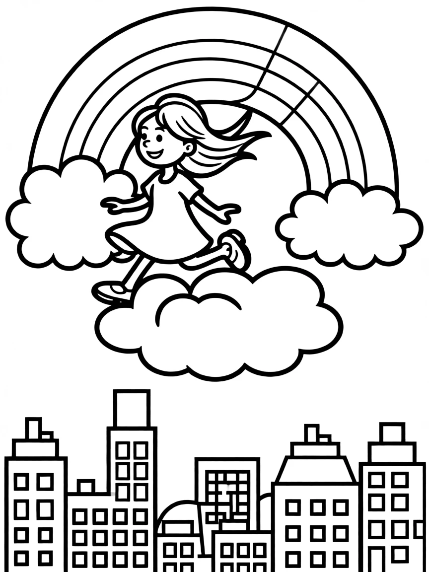 Coco flying through the clouds with a rainbow behind and city skyline below.