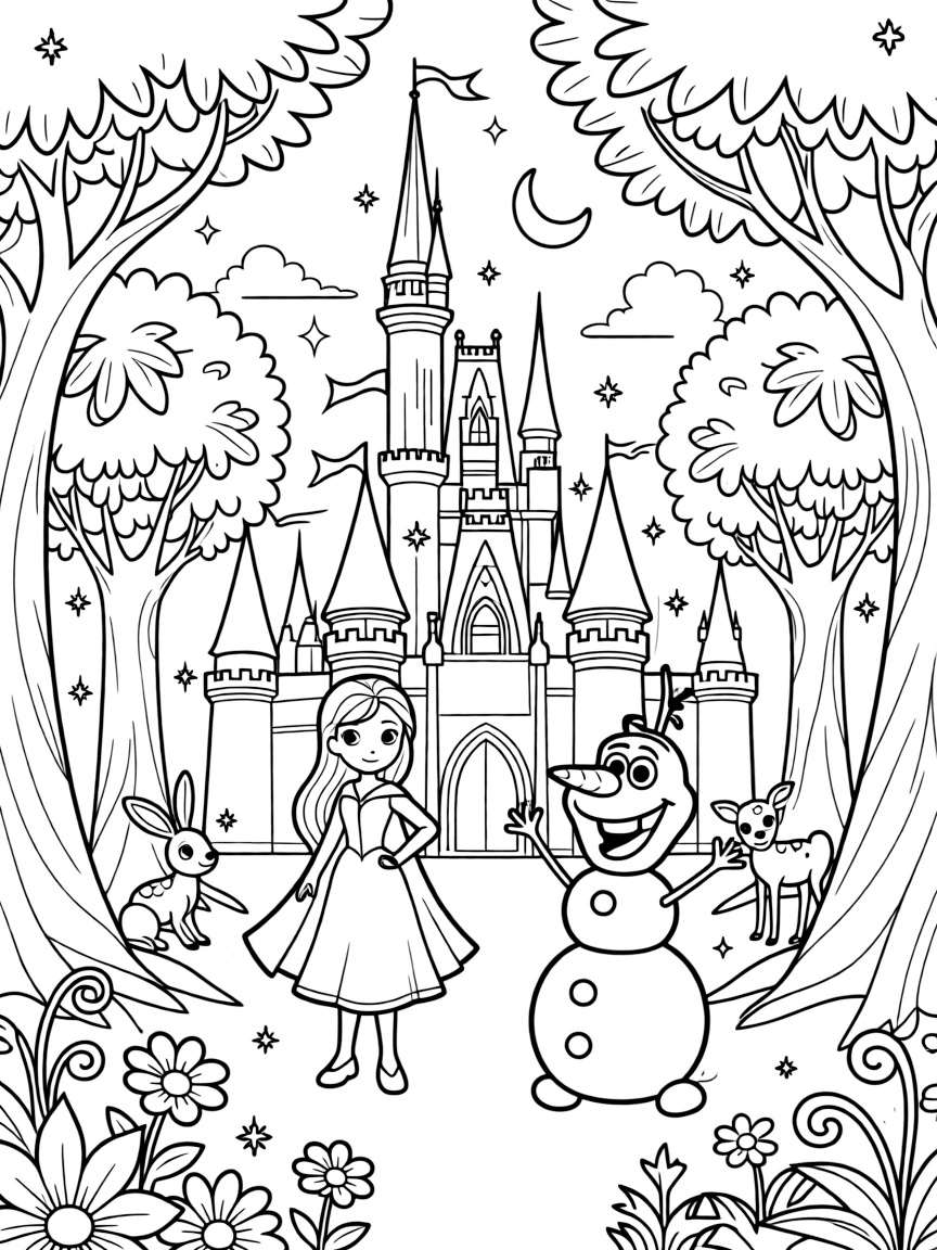 A fantasy background of Frozen in a magical forest or castle, with sparkles and mystical creatures.