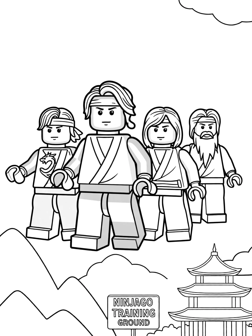 A group coloring page featuring Lego Ninjago with other characters from the same show or movie.