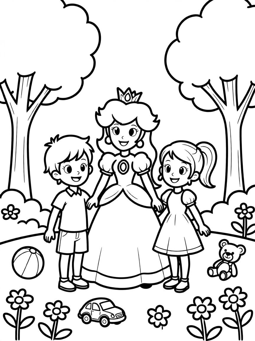 Princess Peach smiling and posing with their sidekicks, surrounded by trees, toys, or fun backgrounds.