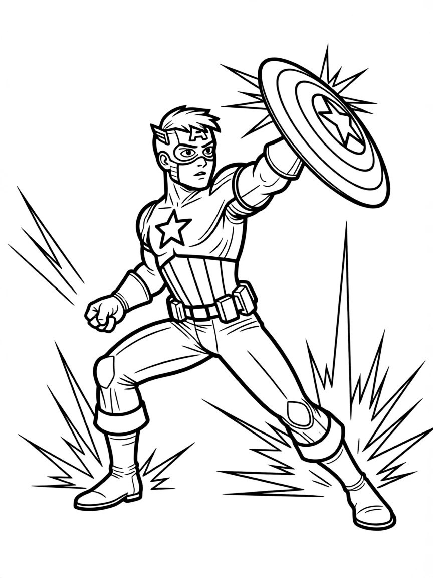 An action-packed scene of Captain America using their special powers in a dramatic battle pose.