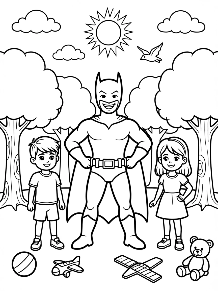 Batman smiling and posing with their sidekicks, surrounded by trees, toys, or fun backgrounds.
