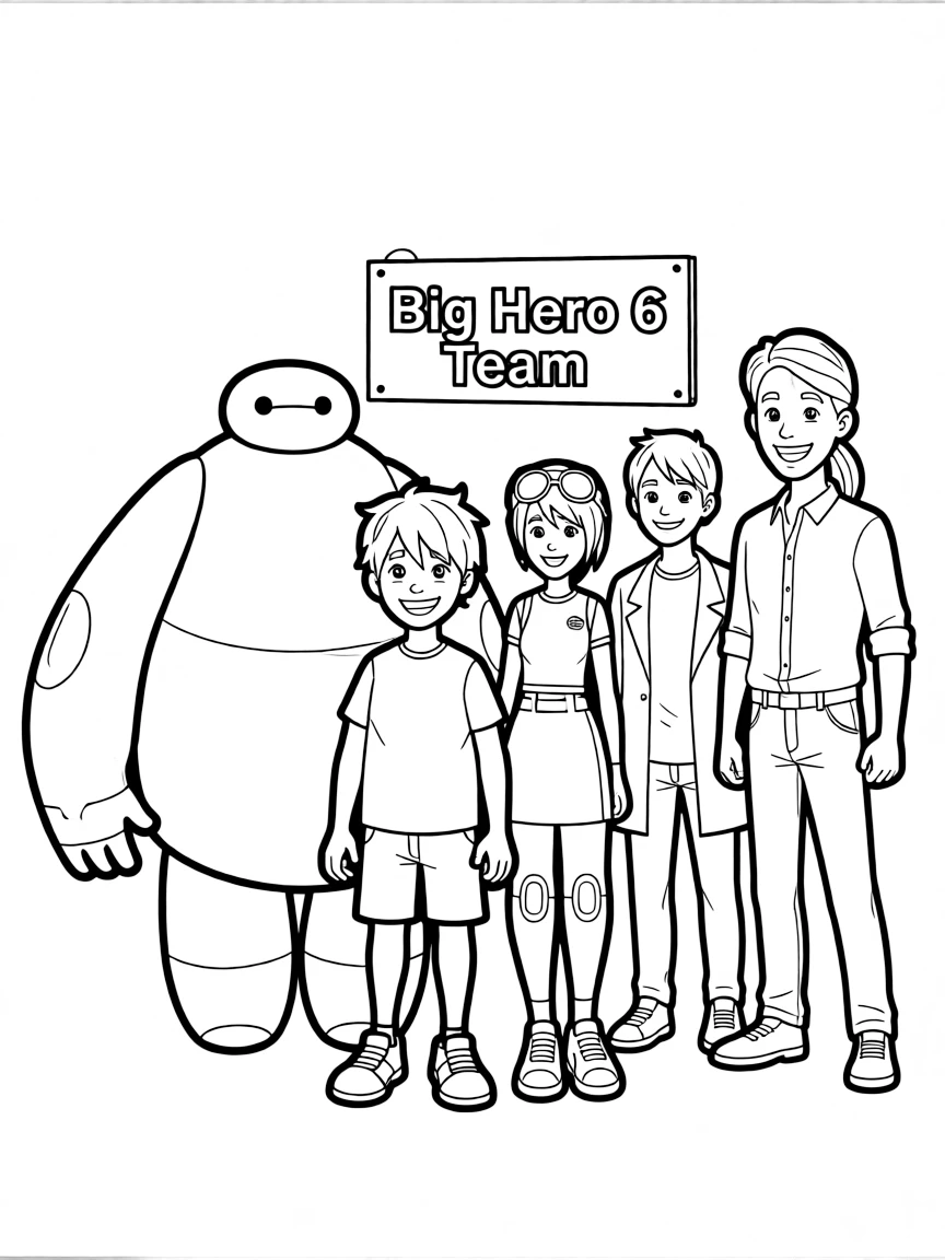 A group coloring page featuring Big Hero 6 with other characters from the same show or movie.