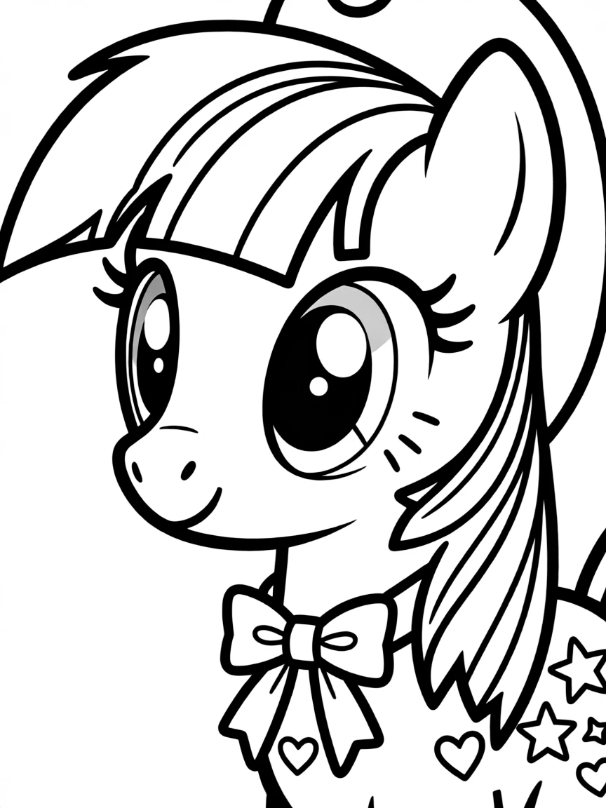 A close-up of My Little Pony's face in bold lines with expressive eyes and detailed costume elements.