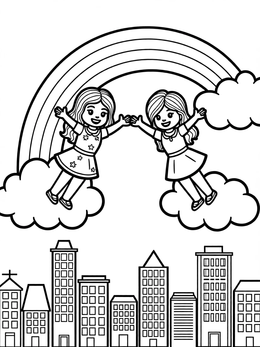 Lego Friends flying through the clouds with a rainbow behind and city skyline below.