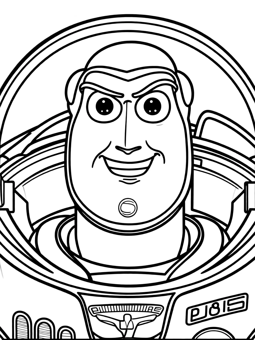 A close-up of Buzz Lightyear's face in bold lines with expressive eyes and detailed costume elements.