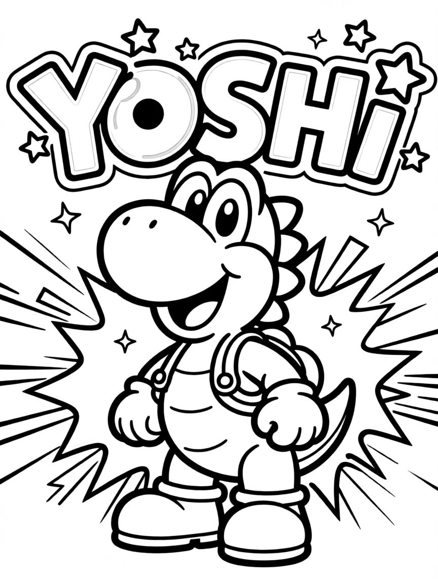 Yoshi standing proudly in front of their iconic logo with stars and comic-style effects around.