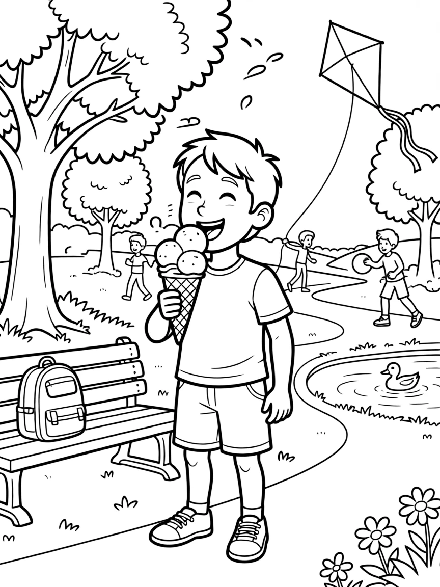 Chase enjoying a day off, eating ice cream or playing with friends in a park setting.