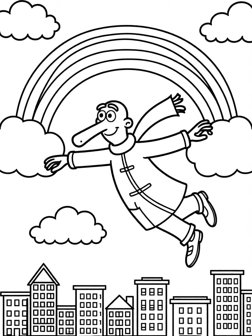 Gru flying through the clouds with a rainbow behind and city skyline below.