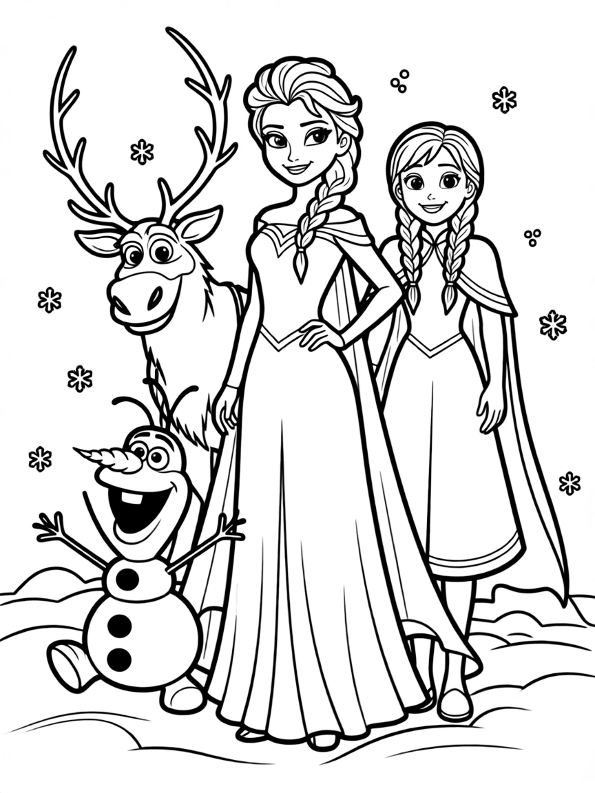 A group coloring page featuring Elsa with other characters from the same show or movie.
