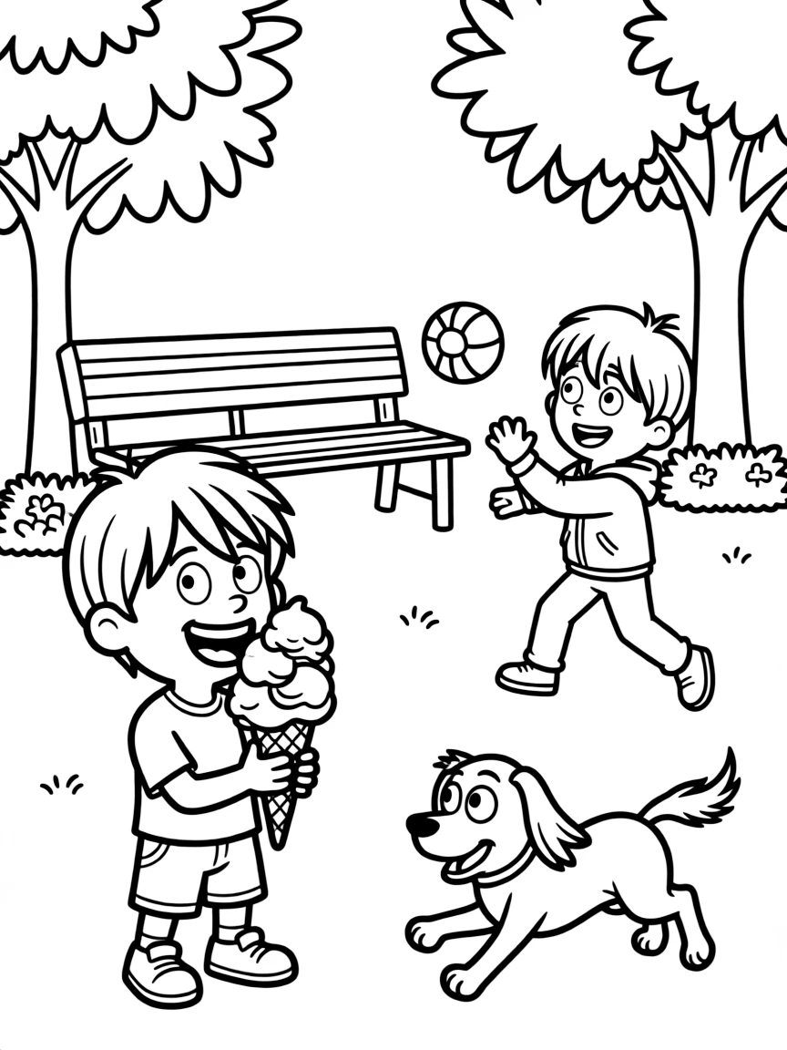 Despicable Me enjoying a day off, eating ice cream or playing with friends in a park setting.
