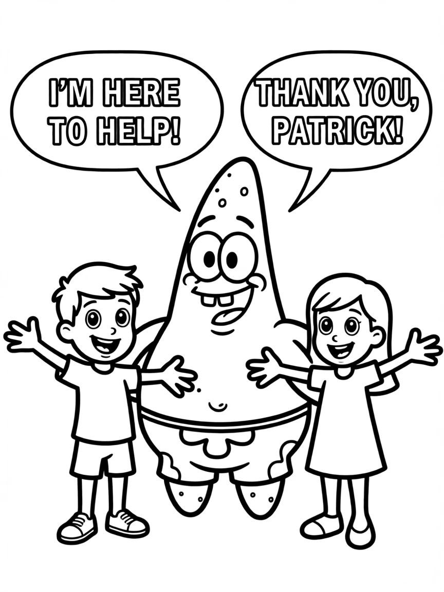 A cartoon-style drawing of Patrick Star helping friends, with speech bubbles and cheerful faces.