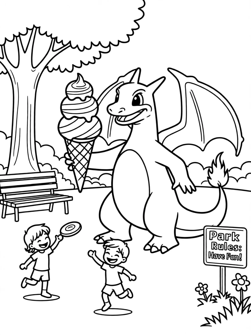 Charizard enjoying a day off, eating ice cream or playing with friends in a park setting.