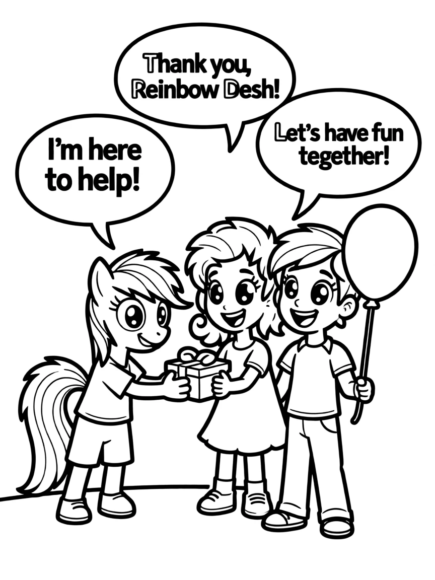 A cartoon-style drawing of Rainbow Dash helping friends, with speech bubbles and cheerful faces.