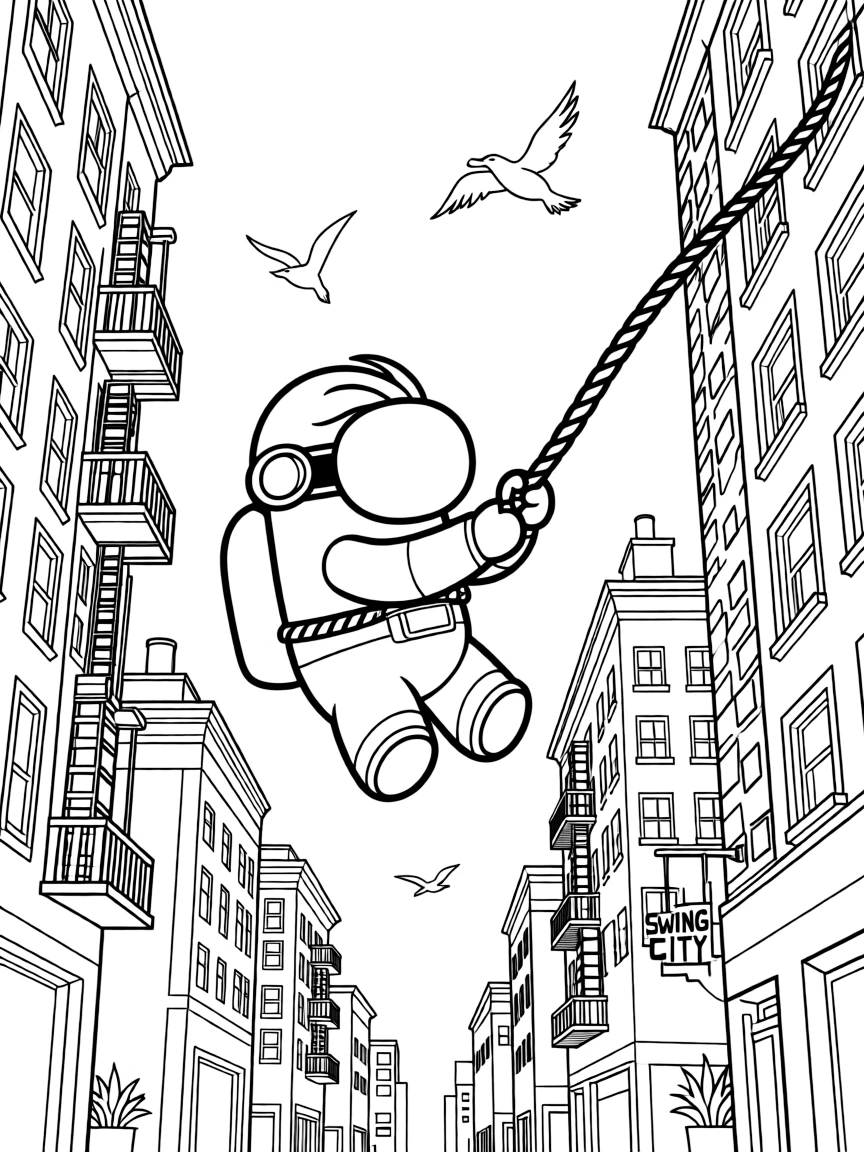 A fun and detailed coloring page of Among Us swinging through a city full of tall buildings and birds.
