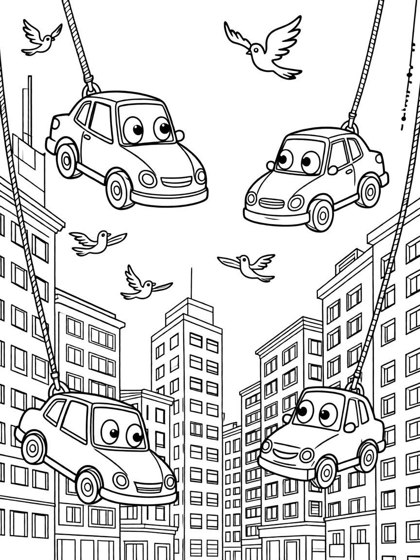 A fun and detailed coloring page of Cars swinging through a city full of tall buildings and birds.