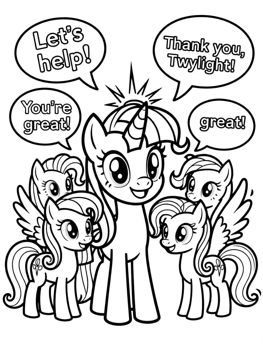 A cartoon-style drawing of Twilight Sparkle helping friends, with speech bubbles and cheerful faces.