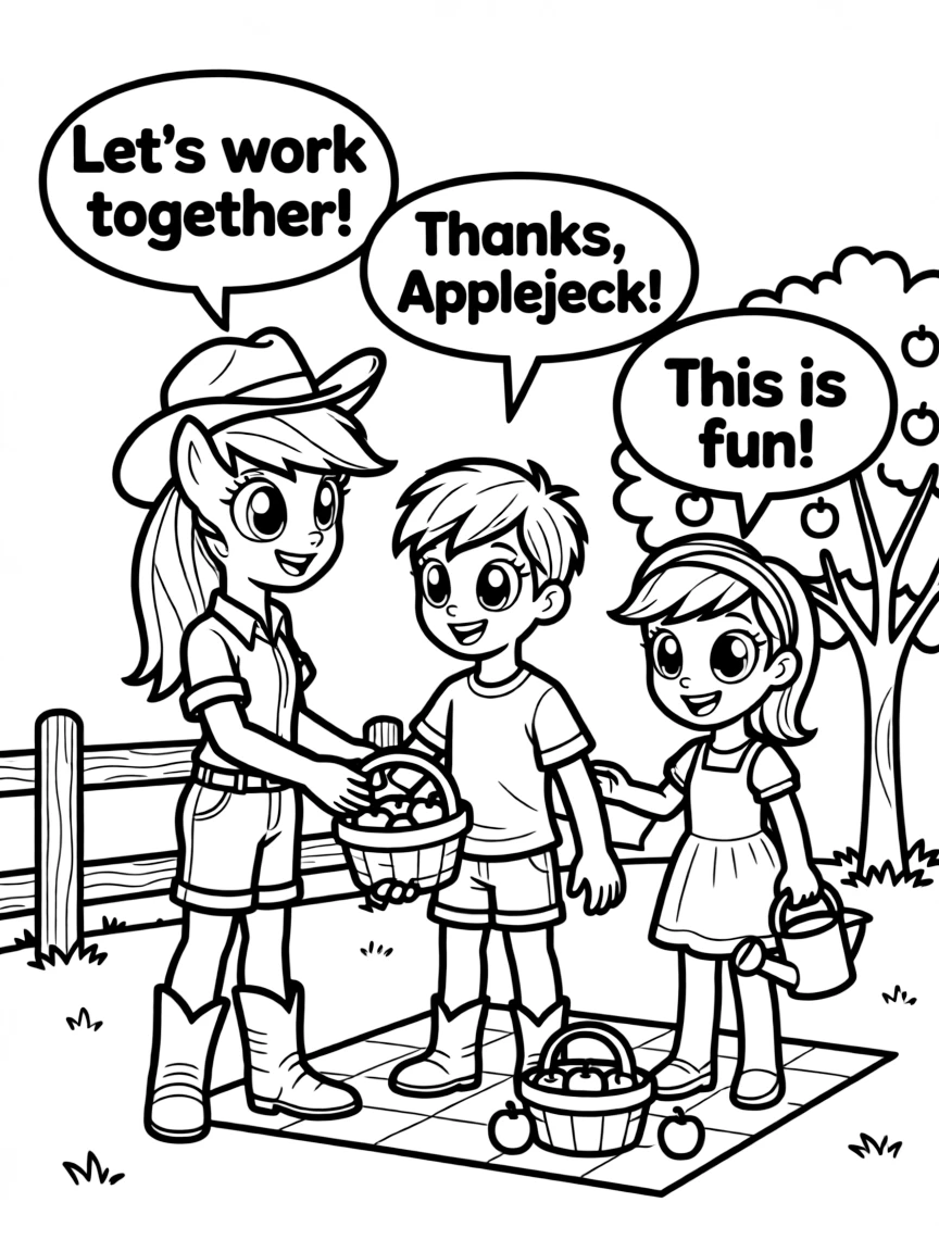 A cartoon-style drawing of Applejack helping friends, with speech bubbles and cheerful faces.