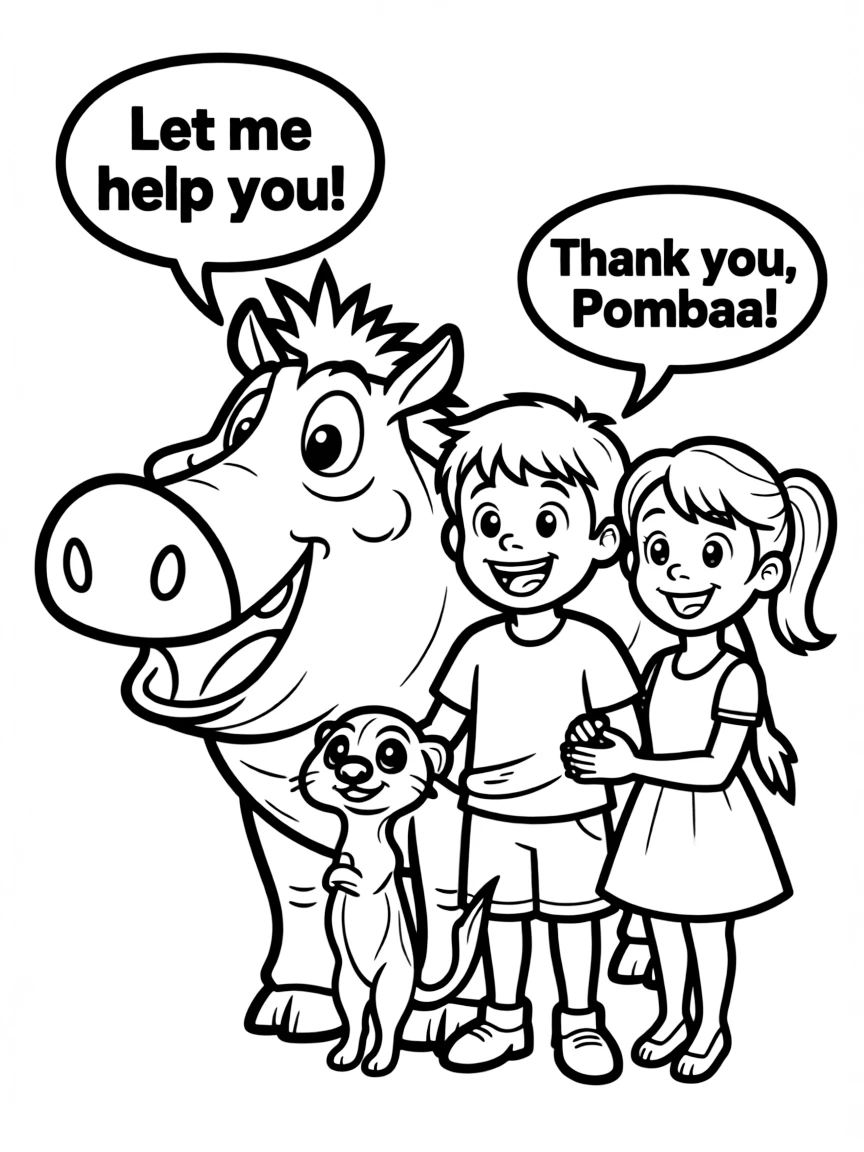 A cartoon-style drawing of Pumbaa helping friends, with speech bubbles and cheerful faces.