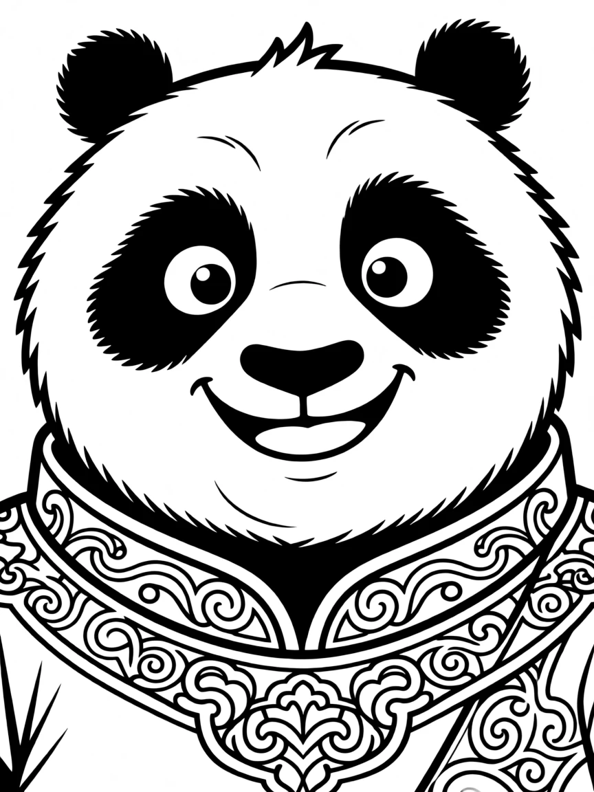 A close-up of Kung Fu Panda's face in bold lines with expressive eyes and detailed costume elements.