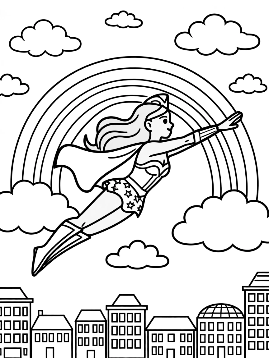 Wonder Woman flying through the clouds with a rainbow behind and city skyline below.