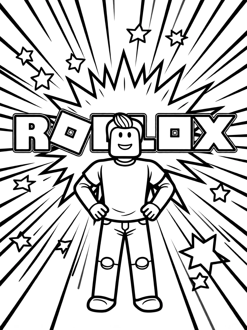 Roblox standing proudly in front of their iconic logo with stars and comic-style effects around.