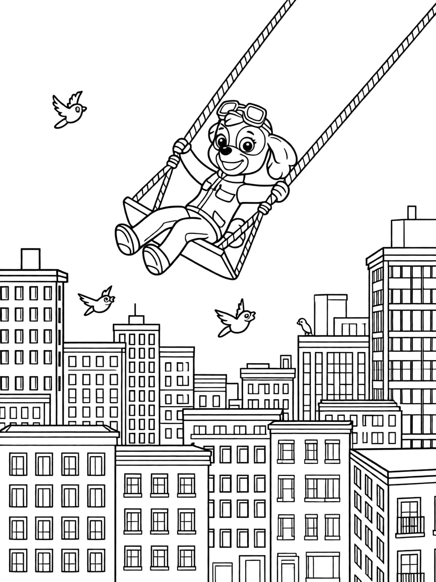 A fun and detailed coloring page of Skye swinging through a city full of tall buildings and birds.