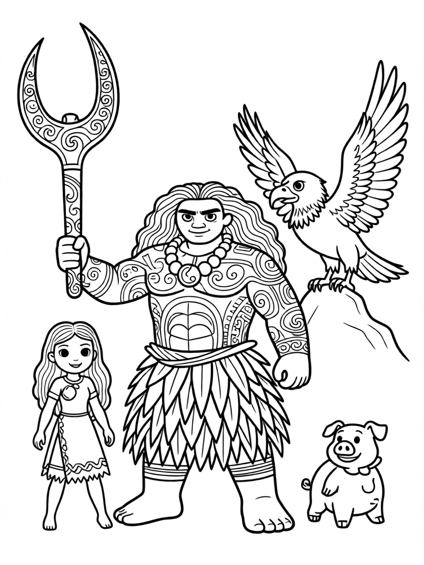 A group coloring page featuring Maui with other characters from the same show or movie.