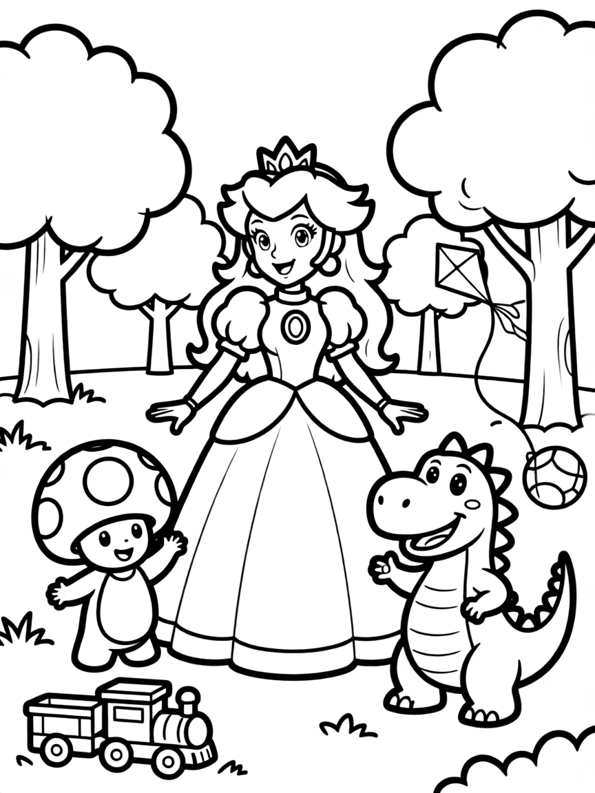 Princess Peach smiling and posing with their sidekicks, surrounded by trees, toys, or fun backgrounds.