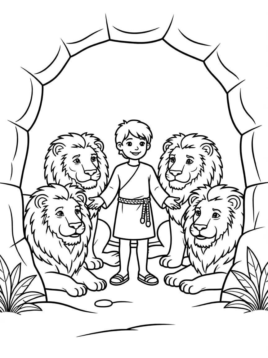 Daniel in the lion's den, illustrated with simple outlines and friendly characters for a children's coloring page.