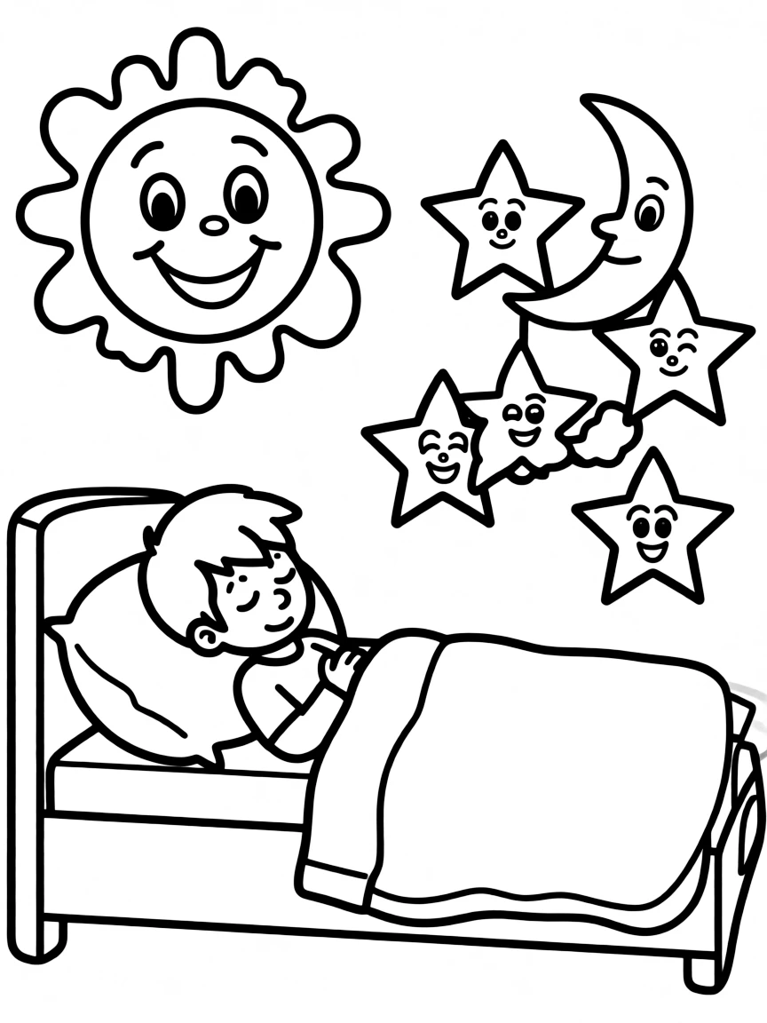 Joseph’s dream with the sun, moon, and stars, illustrated with simple outlines and friendly characters for a children's coloring page.